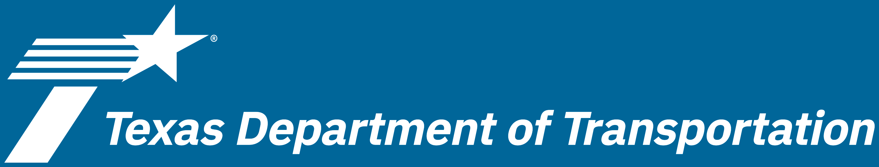 TxDOT registered logo horizontal white text on blue background (revised as of 2025)