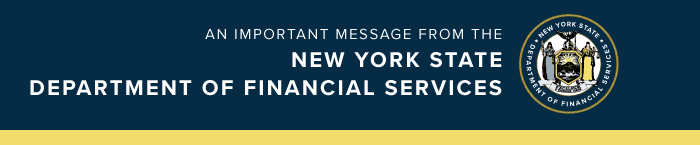 A color seal representing the New York State Department of Financial Services on a dark blue field