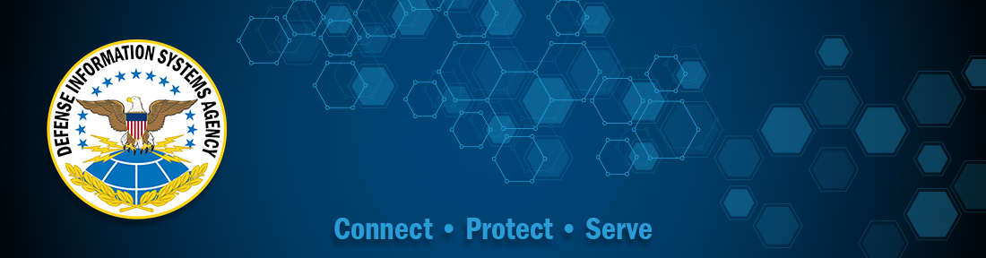 Blue banner with DISA seal, honeycomb pattern, and text: connect, protect, serve